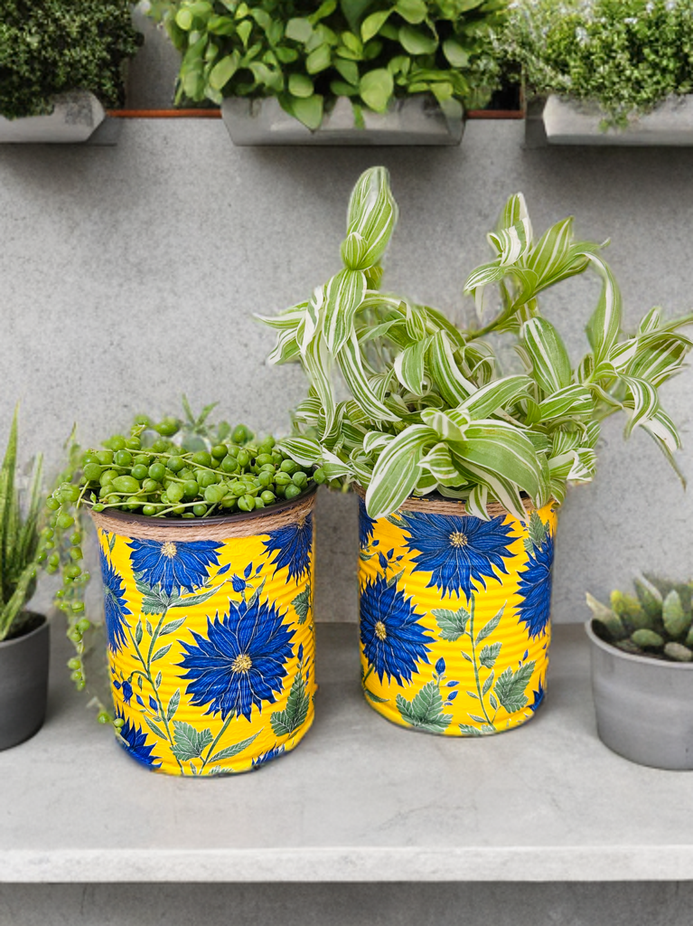 Yellow & Blue Dahlia Indoor House Plant Pot - 10cm