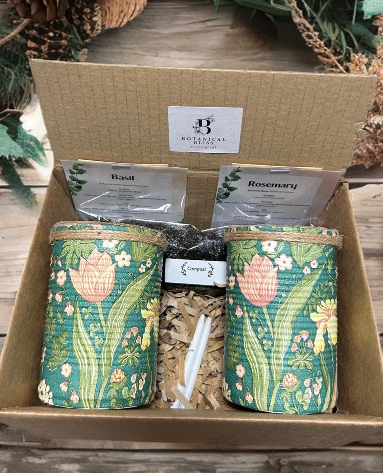 Vintage Grün & Creme Blumenmuster Kräuter selbst anpflanzen Geschenkset