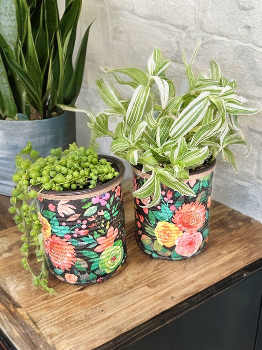 Black Vibrant Peach & Mint Floral Indoor House Plant Pot - 10cm