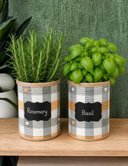 Rustikales Vichykaro-Kräuter-Geschenkset zum Selbstanbauen