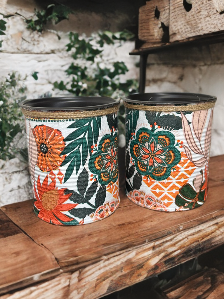 Burnt Orange & Dark Green Geometrical Floral Plant Pot - 10cm