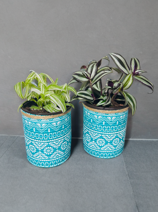 Teal Aztec Tribal Indoor House Plant Pot - 10cm