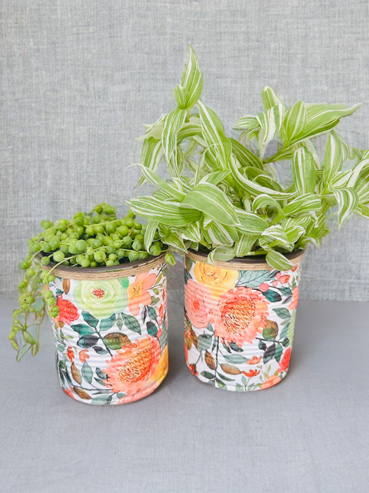 White Vibrant Peach & Mint Floral Indoor House Plant Pot - 10cm